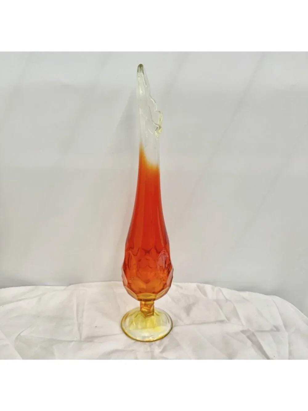 Vintage Amberina Art Glass Swung Vase Pedestal 14 Inch Orange Yellow MCM Decor